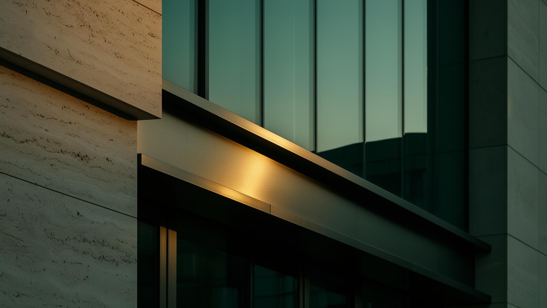Architectural facade with layered building materials